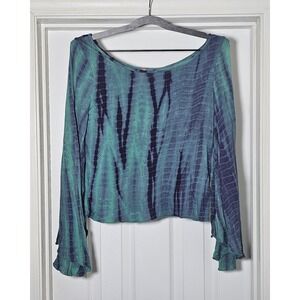 Free People Bell Sleeve Crop Shirt Size Small Teal Bohemian